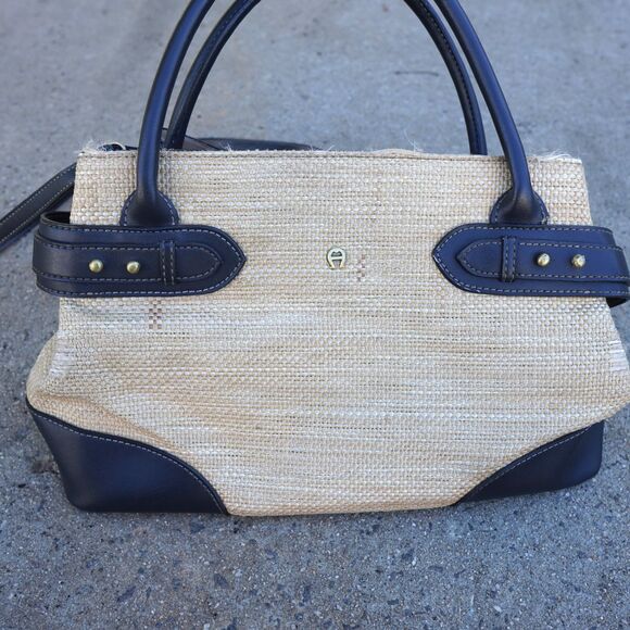 Vintage Etienne Aigner Raffia Straw Bag Black Leather Trim Crossbody Handbag - Picture 5 of 10